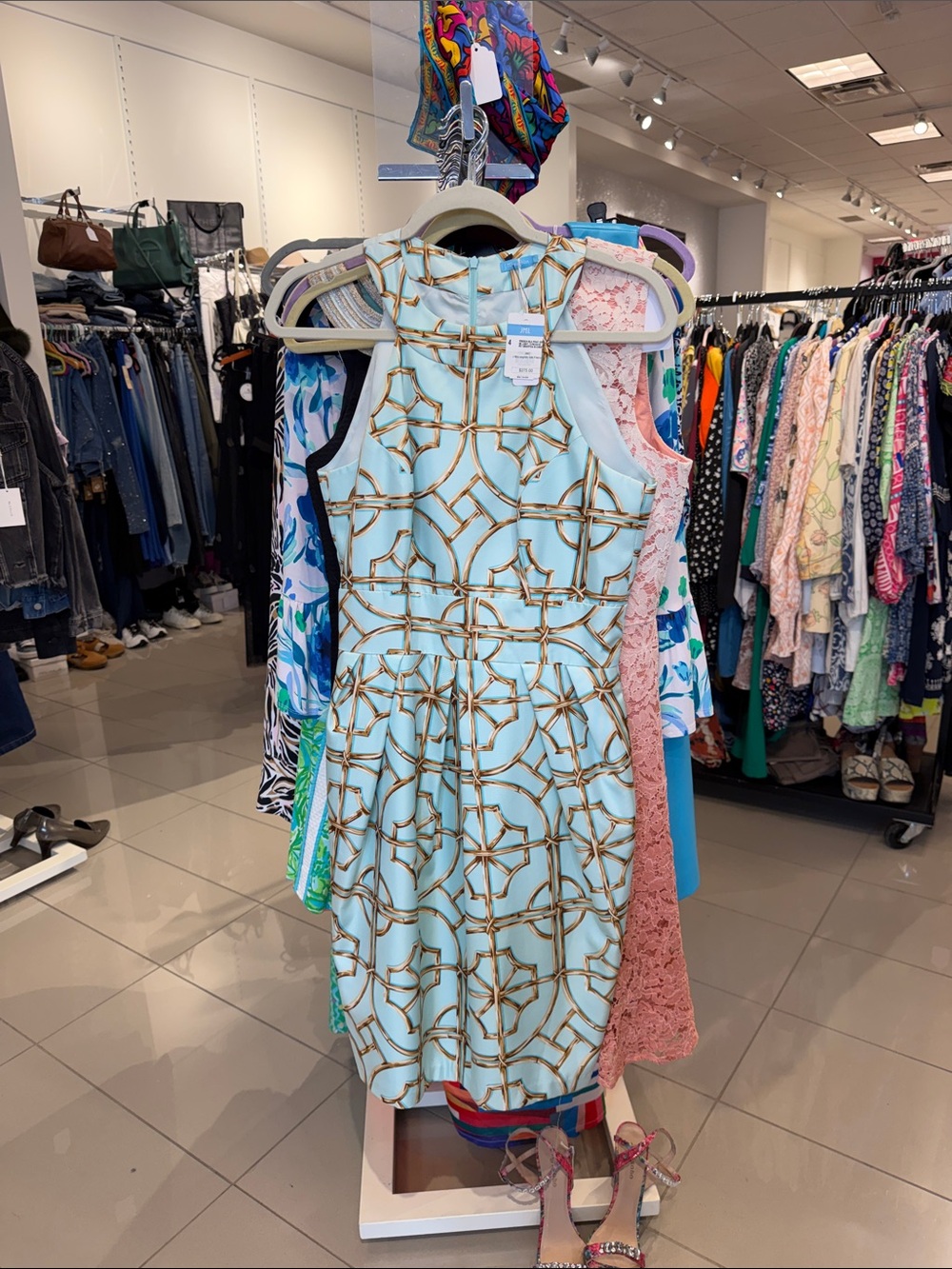 J. McLaughlin Light Blue and Gold Geometric Midi Dress